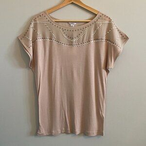 NWT Calvin Klein Pink T-shirt Blouse with Silver Hardware Grommets Sheer Panel